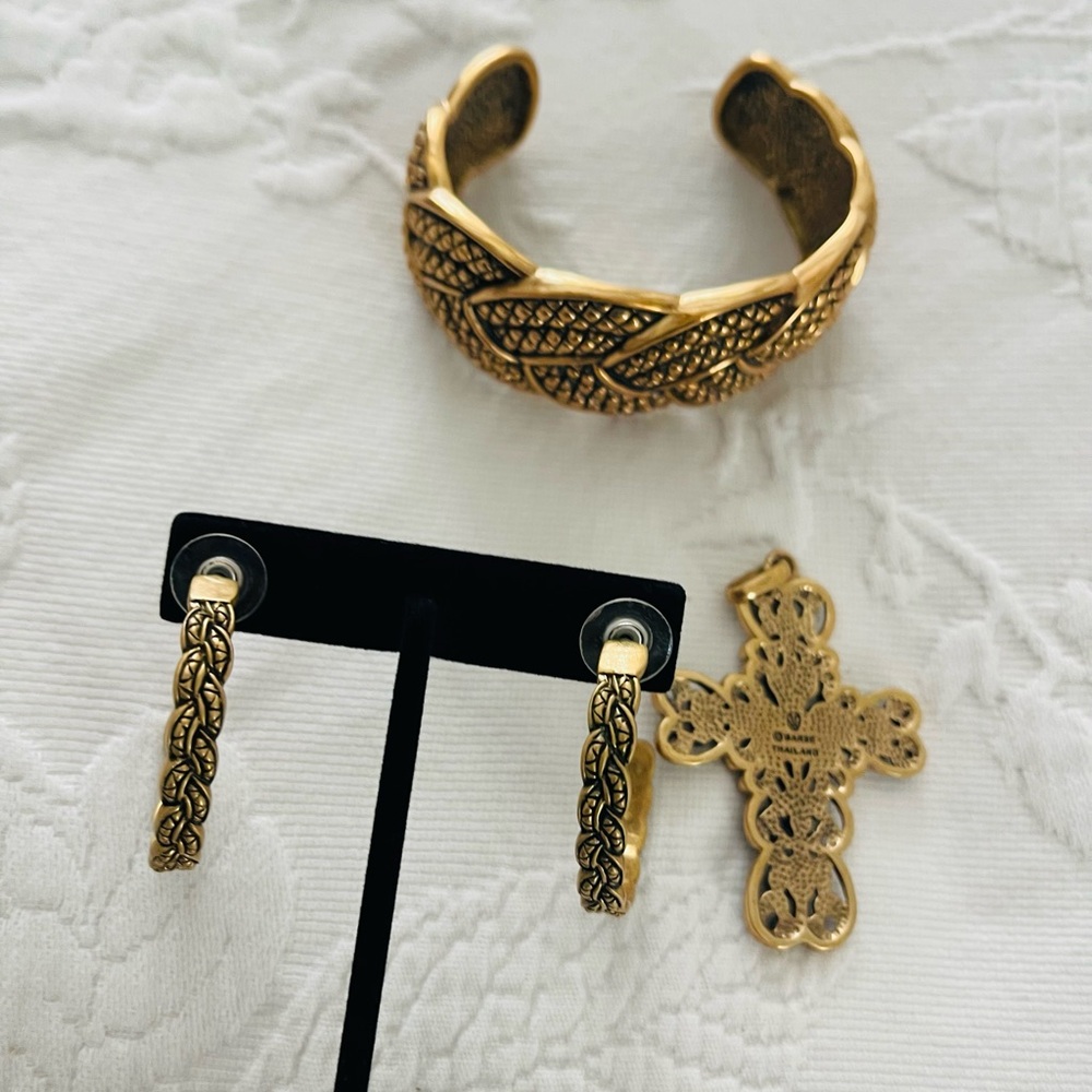 Studio Barse Gold Braided Cuff, Hoop Earrings & Cross Pendant